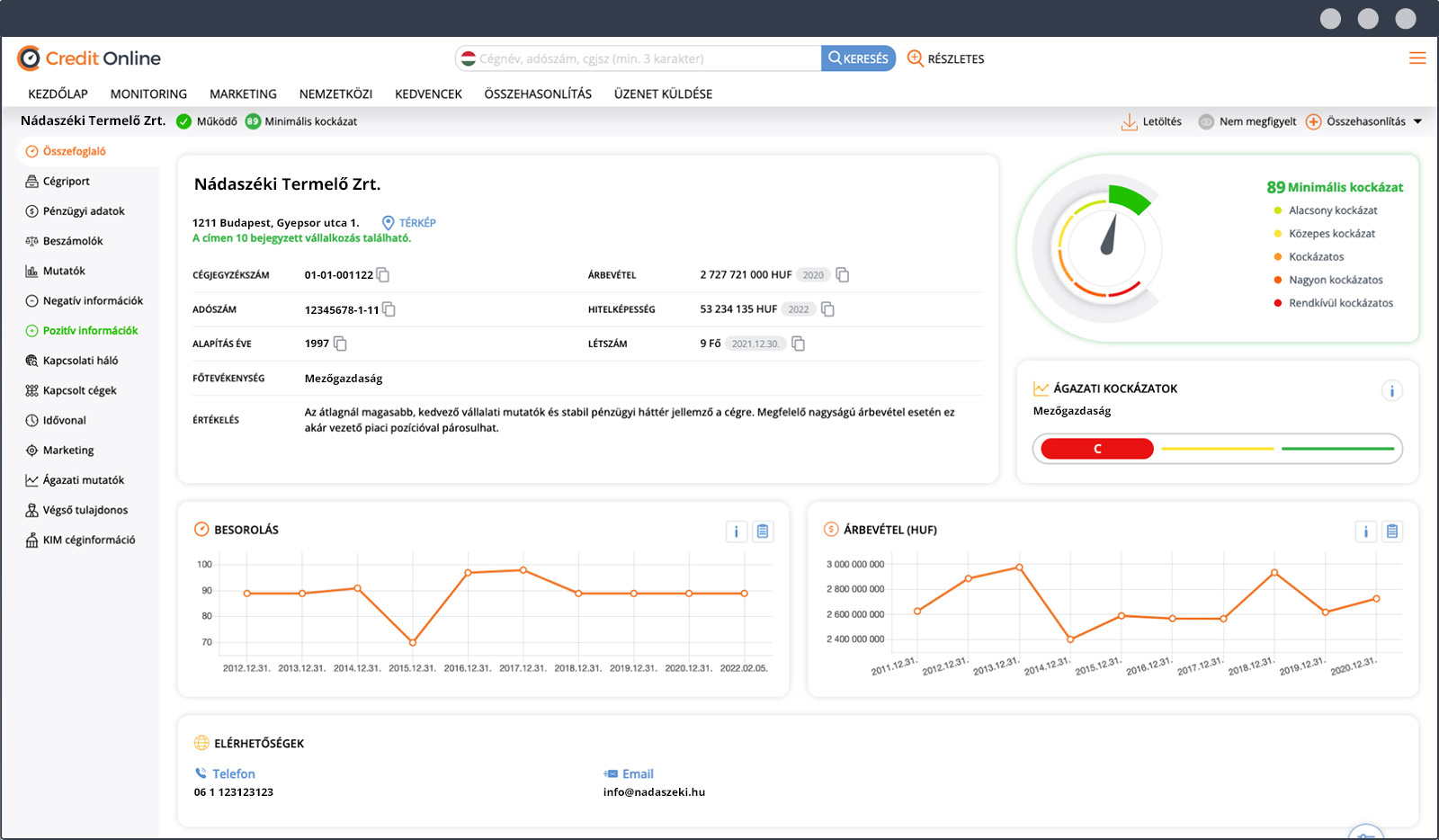 Céginformáció képernyőkép